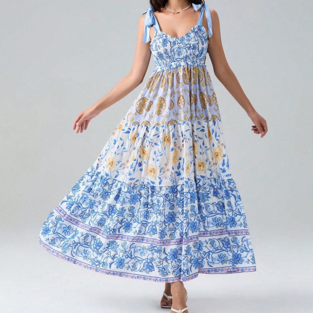 Blue and Cream Floral Tie-Shoulder Maxi Dress - Picture 5 of 5